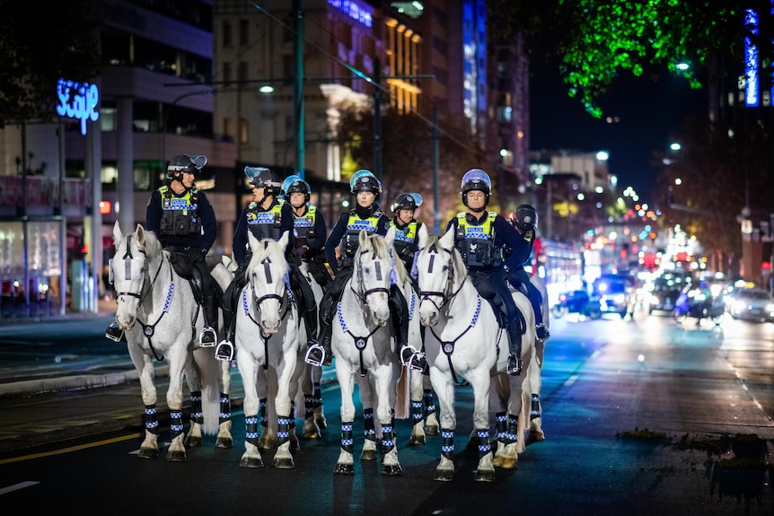 Police officers on police horses on a street at night