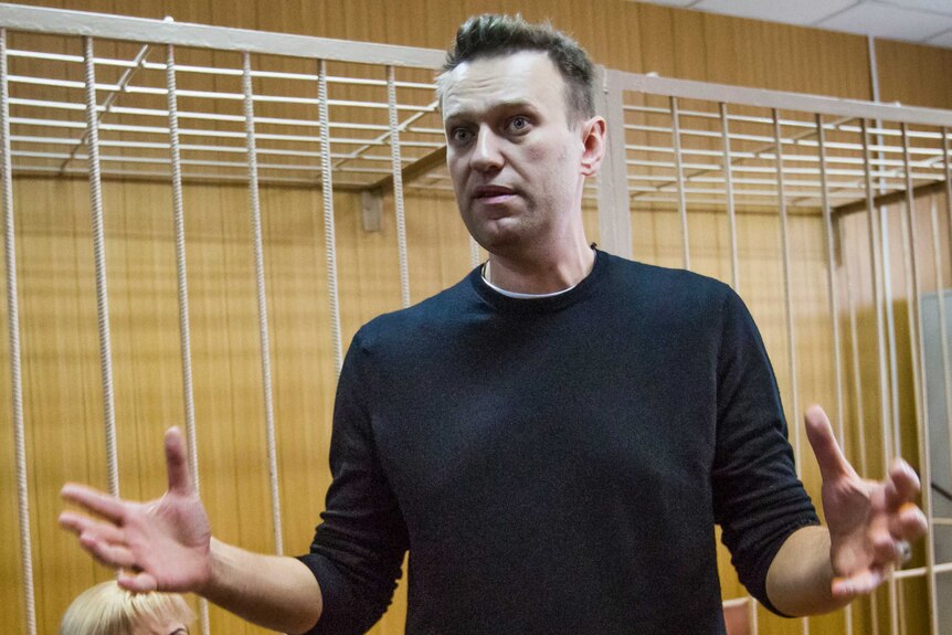 Alexei Navalny gestures with his hands during a court appearance.
