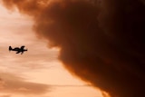 Plane flies towards smoke from a bushfire.