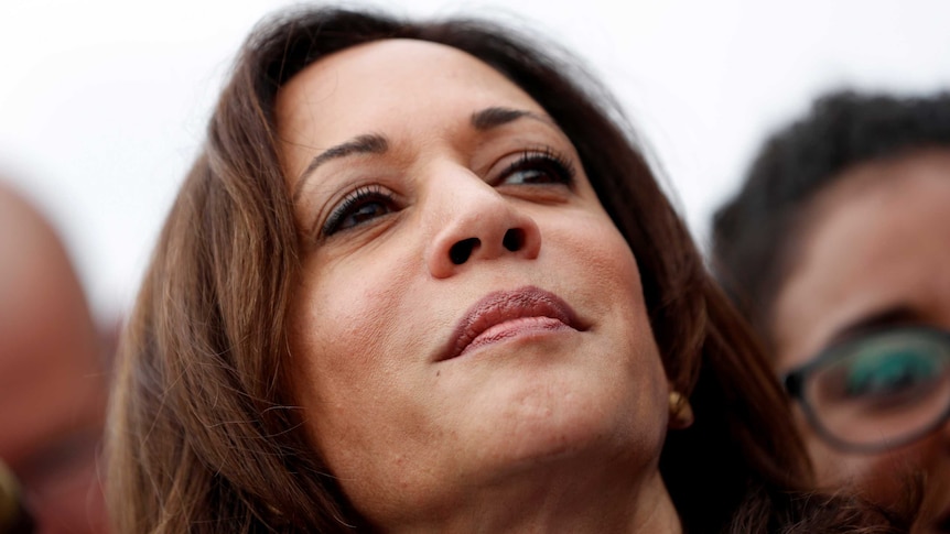 Kamala Harris is pictured close up with her head taking up the full frame of the shot.