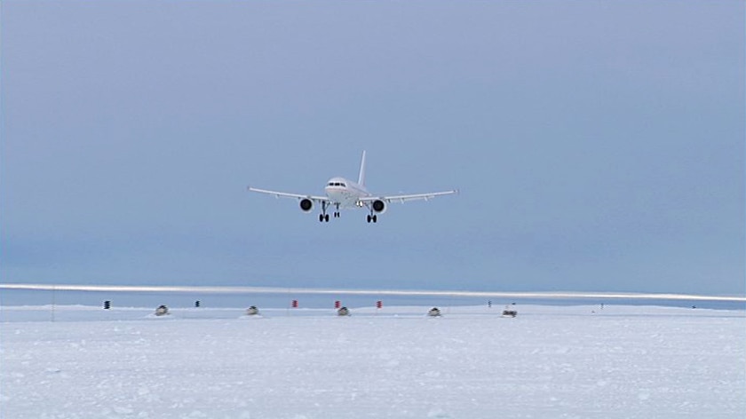 Australian Antarctic Division longe-range Airbus lands at Wilkins Aerodrome.