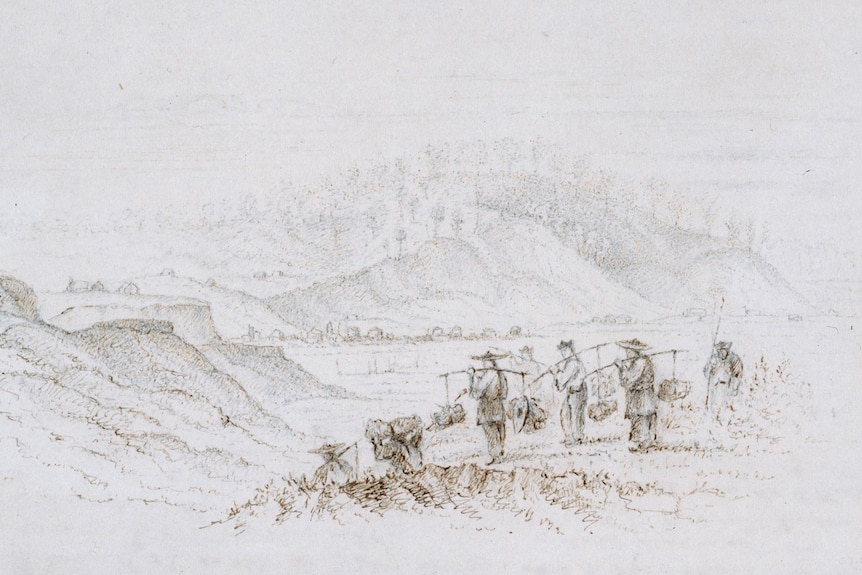 A drawing of Chinese migrants carrying belongs at Black Hill Ballarat in September 1857.