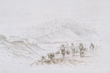 A drawing of Chinese migrants carrying belongs at Black Hill Ballarat in September 1857.