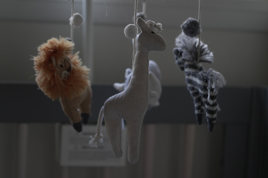 A baby's mobile with a lion, giraffe and zebra toy