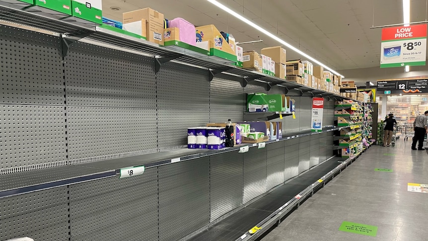 Empty shelves at a grocery store.