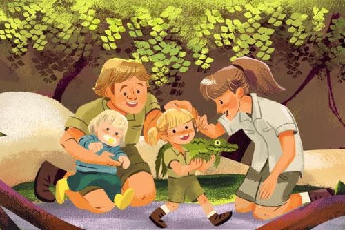 An illustration of Steve Irwin with wife Terri, son Robert and daughter Bindi.