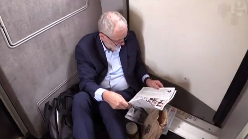 Jeremy Corbyn records a video on the floor of the 11:11 Virgin Trains service from London to Newcastle.