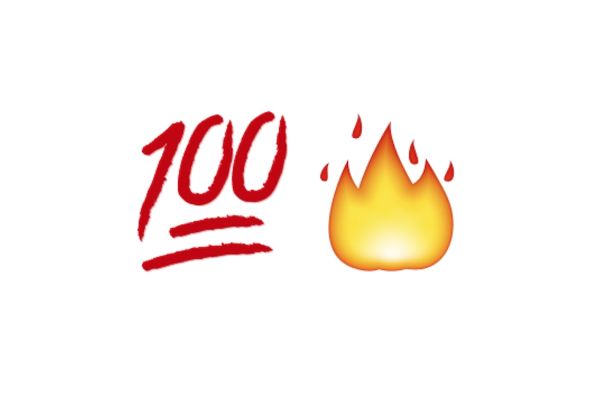 A red 100 icon next to a red fire shaped icon on a white background