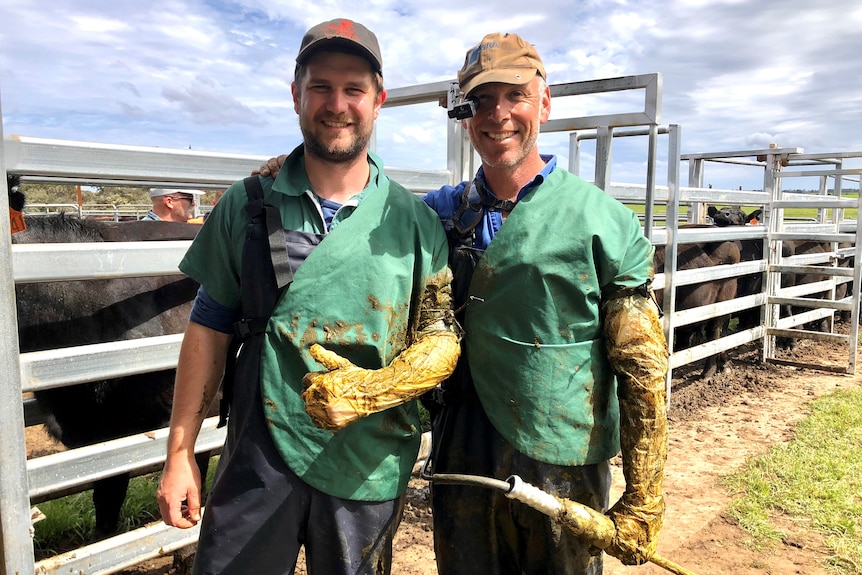 Two men in vet uniforms pose next to cattle yards
