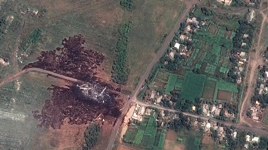 Satellite photo of MH17 primary crash site in Ukraine, July 20 2014.