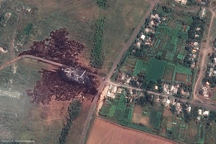 Satellite photo of MH17 primary crash site in Ukraine, July 20 2014.