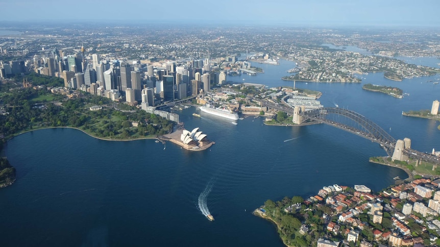 Aerial shot of Sydney Harbour, CBD, Circular Quay and the Sydney Harbour Bridge