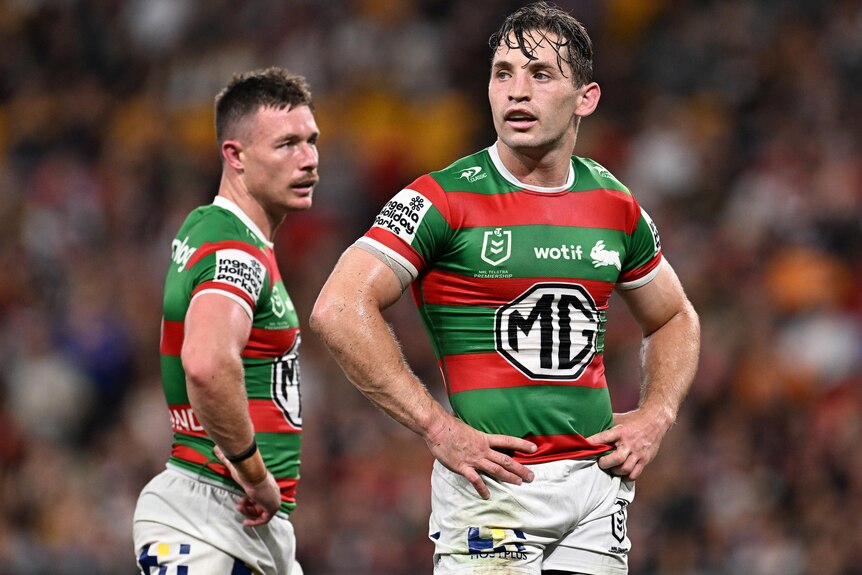 Cameron Murray looks dejected during South Sydney's loss to Brisbane Broncos in round two of the 2024 NRL season.