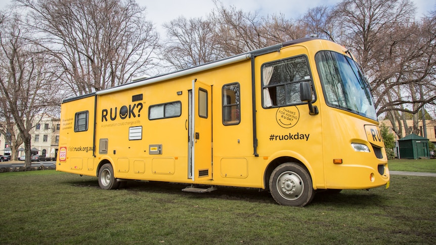 The R U OK bus has arrived in Tasmania for the first time to start conversations about mental health