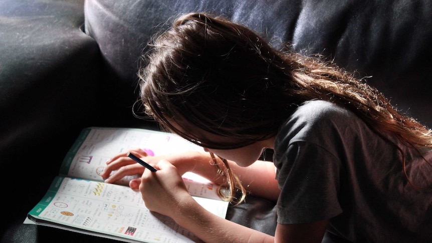 A child writes in a homework book while on a couch.