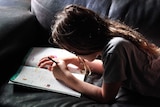A child writes in a homework book while on a couch.