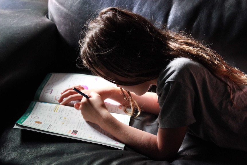 A child writes in a homework book while on a couch.