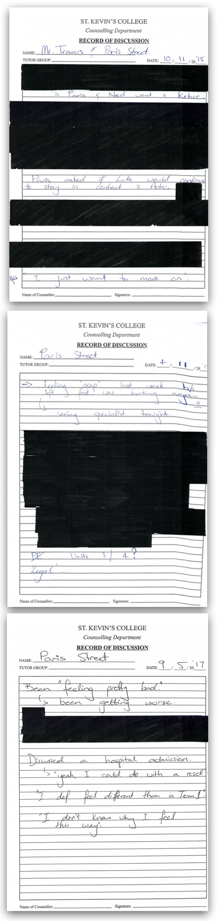 Paris Street's counselling notes were redacted by St Kevin's College.