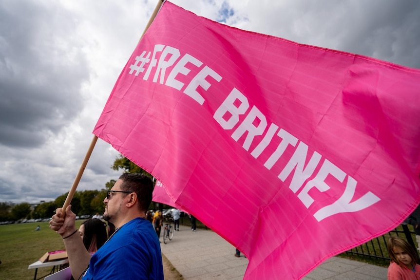 A man holding a hot pink flag with '#Free Britney' written on it 