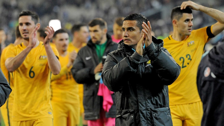 Tim Cahill and Socceroos applaud fans after loss to Brazil
