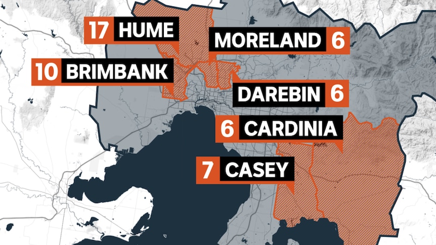 This map shows the Victorian local government areas authorities are most concerned about, and the number of new cases each has recorded this month.