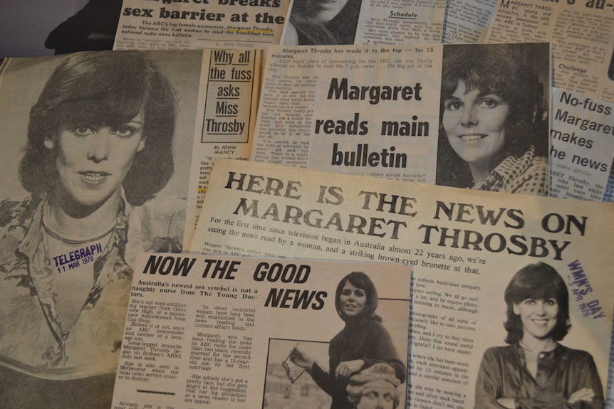1970s newspaper headlines including "Margaret reads main bulletin", "Why all the fuss asks Miss Throsby".