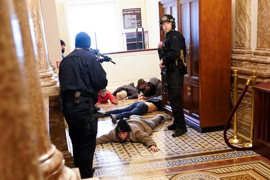 US Capitol Police hold protesters at gun-point as they lay on the floor with arms spread out.