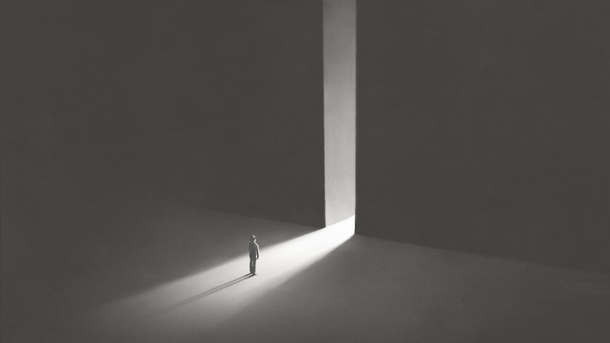 An illustration of someone in the distance staring at an open door. It's all in black and white. 