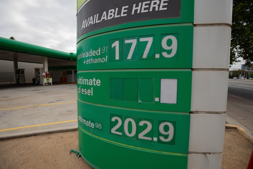 An electronic petrol price sign.