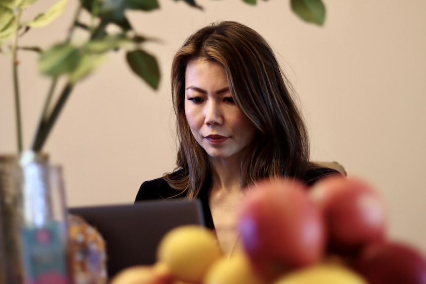 AN asian looking woman sits at her laptop