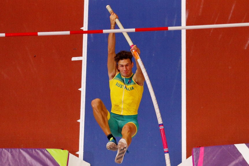 Kurtis Marschall about to vault over the bar in the pole vault at the IAAF World Indoor Championships in Birmingham.