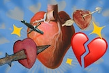 Various heart symbols including the modern hearbreak emoji, collaged over a photo-realistic style paiting of a heart.