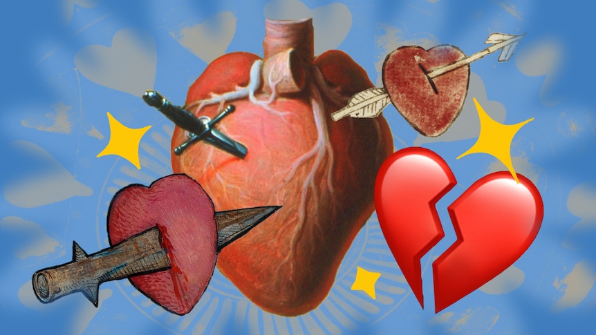 Various heart symbols including the modern hearbreak emoji, collaged over a photo-realistic style paiting of a heart.