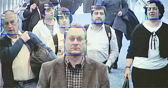 An image of software tracking people's faces.