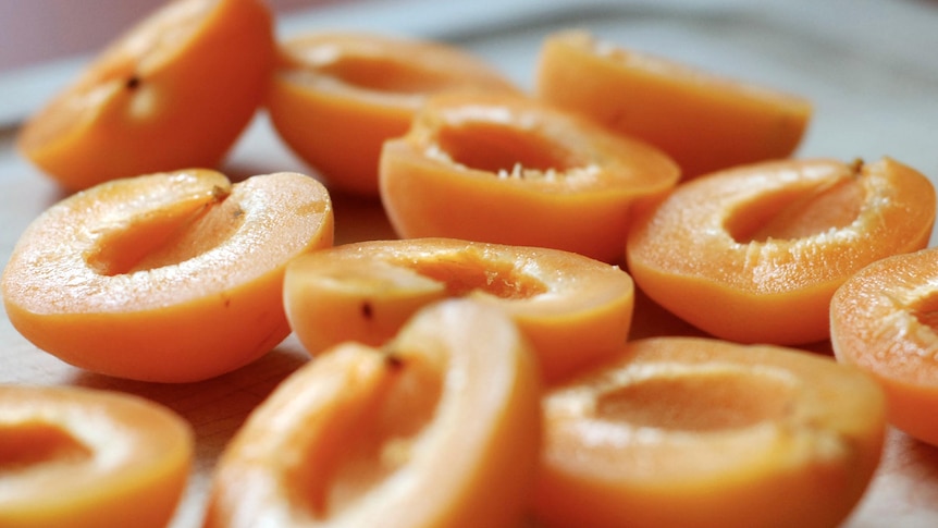 Apricot halves sit in a board.