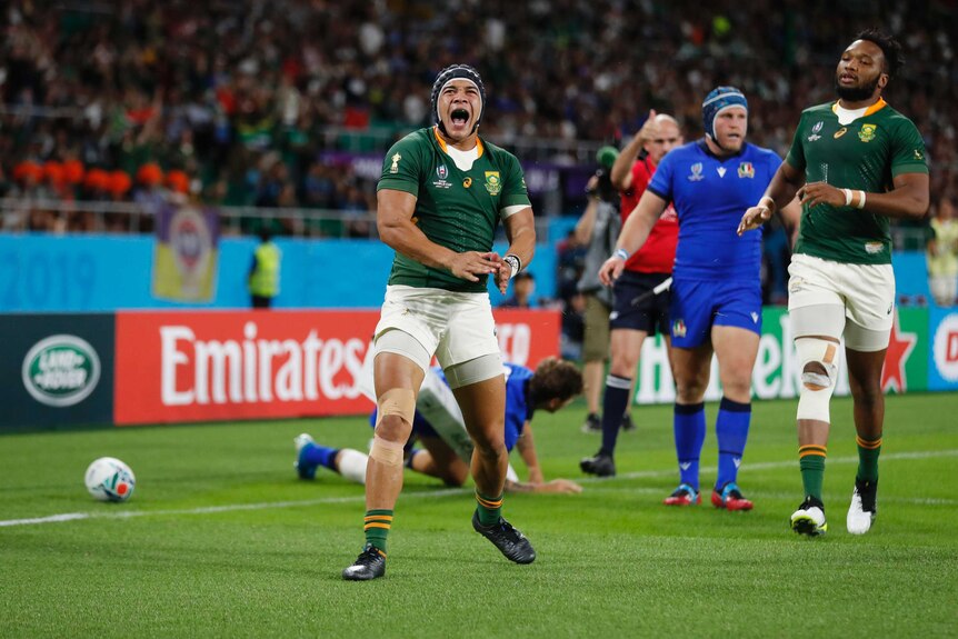 A South African male rugby union player shouts out after scoring a try against Italy at the Rugby World Cup.