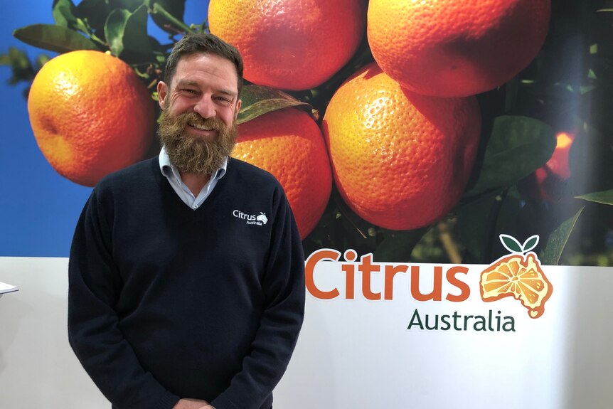 A man with a beard and wearing a blue jumper stands in front of a wall that features images of citrus
