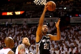 Tim Duncan goes to the basket for San Antonio against Miami in game three of the NBA Finals.