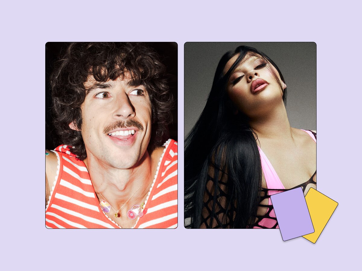 Two photos, one of a man with a moustache, one of a woman with long black hair, side by side like pairs of cards