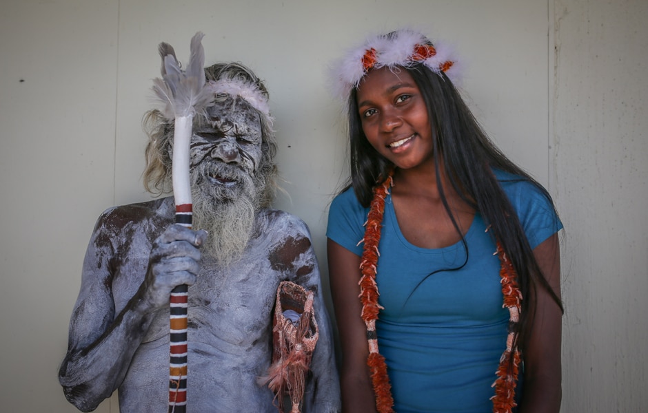 Aboriginal elder Gali Yalkarriwuy Gurruwiwi with his granddaughter Sasha Mulungunhawuy Yumbulul