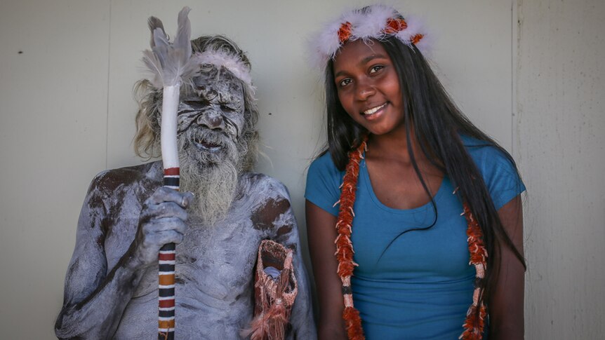 Aboriginal elder Gali Yalkarriwuy Gurruwiwi with his granddaughter Sasha Mulungunhawuy Yumbulul