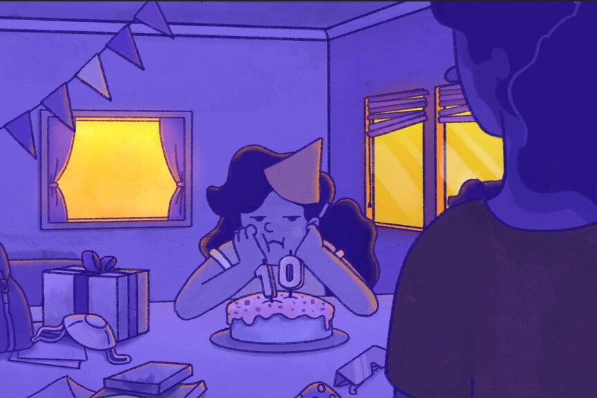 An illustration of a girl with her head in her hands with a birthday cake in front of her.