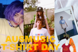 Three artists from triple j Unearthed wearing their own merch with the text 'Ausmusic T-Shirt Day' on top.