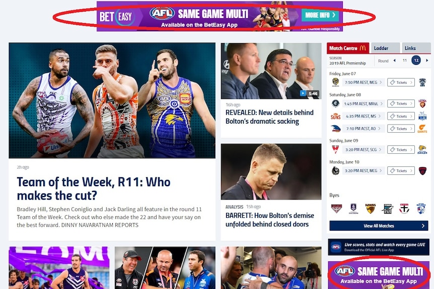 The AFL website heavily features gambling ads.