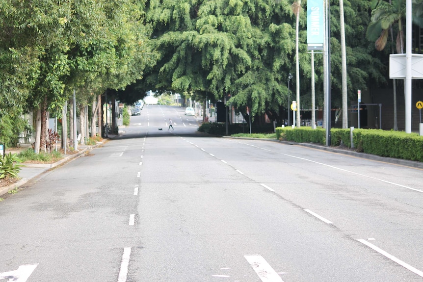 A man walks his dog in the distance of an abandoned street.