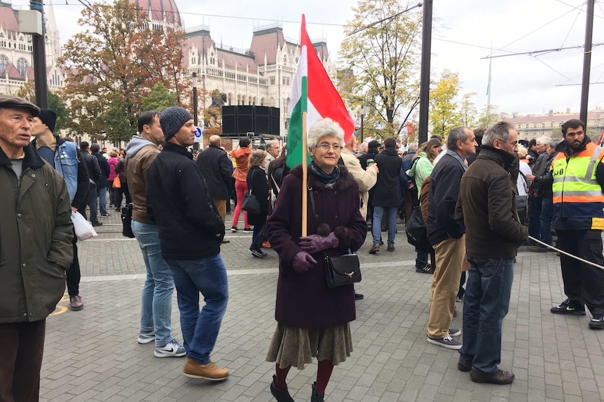 A flag-carrying woman searches for direction at Hungary's 1956 commemoration