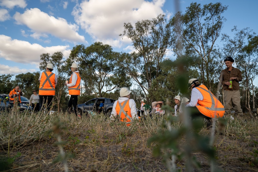 A group of people wearing orange reflective jackets and sitting with bushland behind
