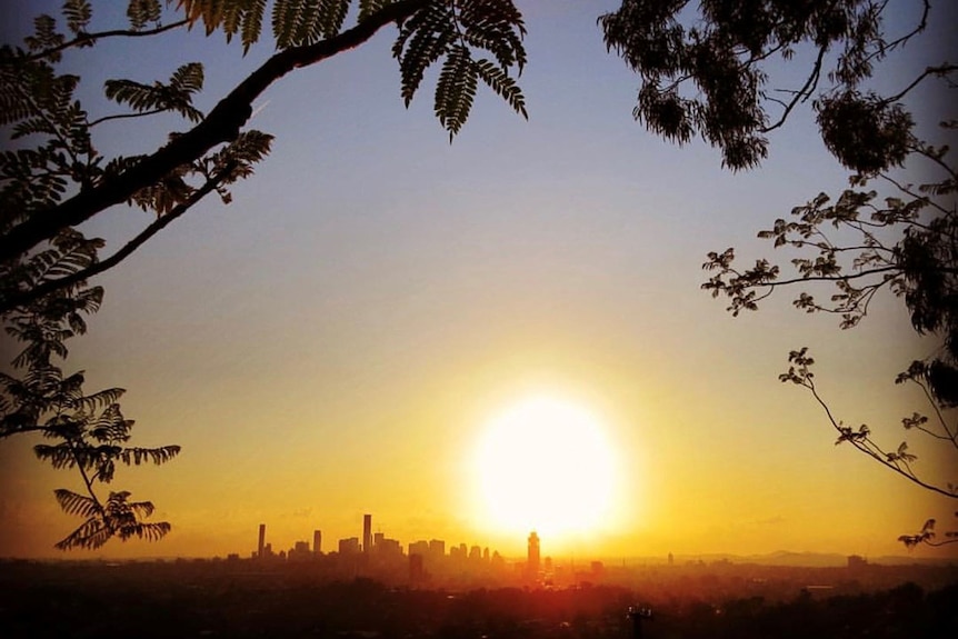 Brisbane summer sunrise with city buildings in view from Mt Coot-tha summit in March 2019.