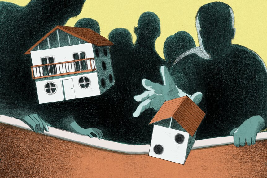 An illustration of someone playing craps with dice that look like houses.