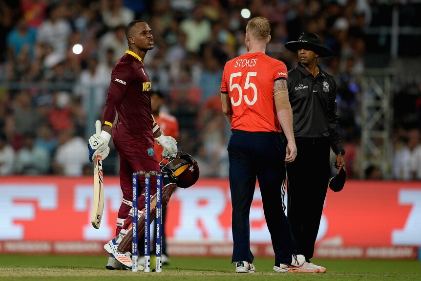Marlon Samuels confronts Ben Stokes during the World Twenty20 final